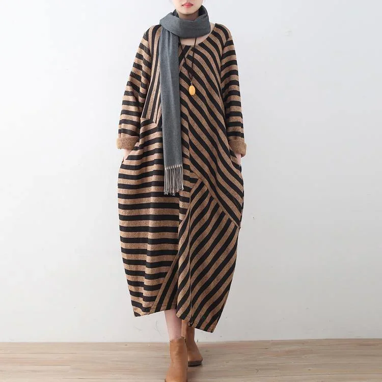 fine-brown-striped-fall-dress-loose-fitting-o-neck-vintage-patchwork-pockets-caftans