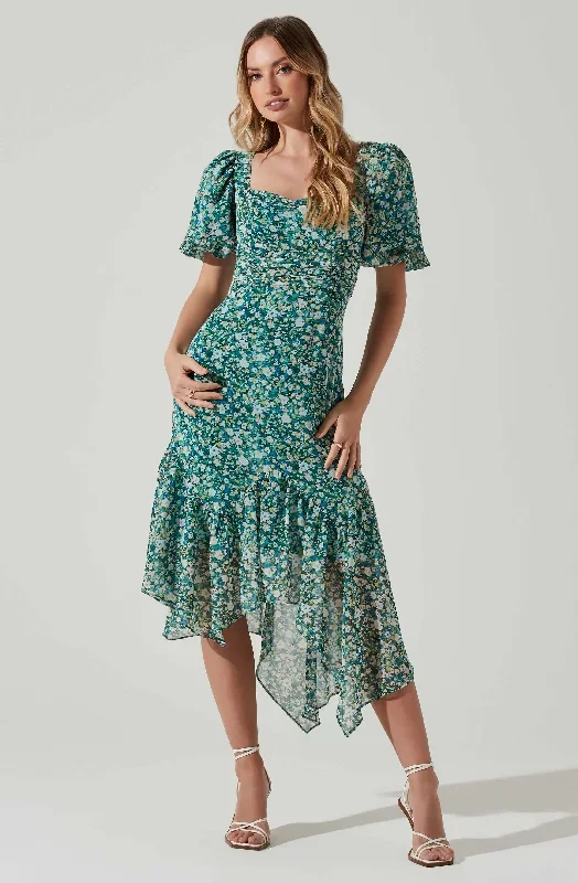 Floral Short Sleeve Asymmetrical Hem Midi Dress