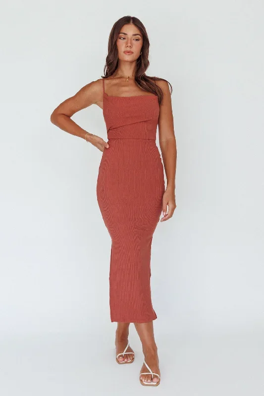 Frieda Cowl Neck Side Split Ribbed Midi Dress Rust