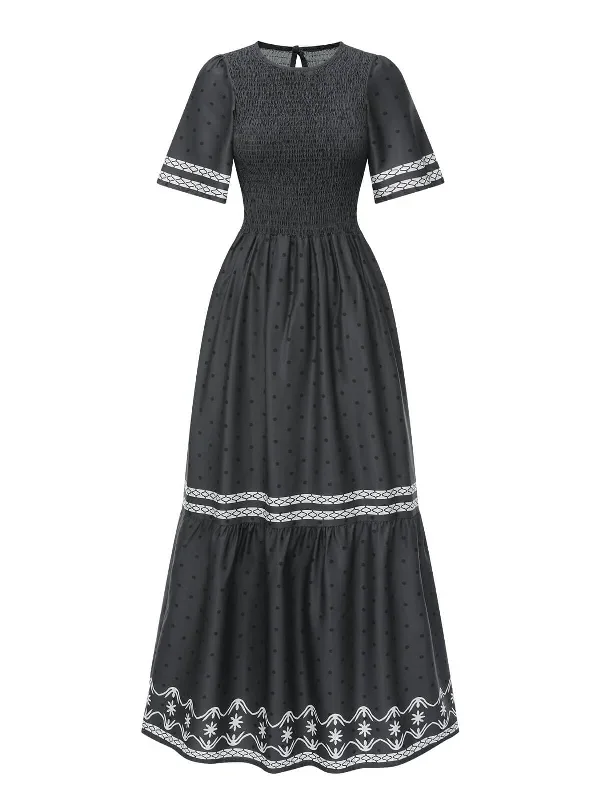 Gray 1940s Smocked Dots Moderate Maxi Dress