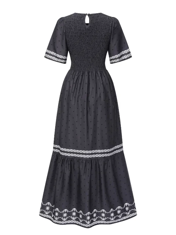 gray-1940s-smocked-dots-moderate-maxi-dress