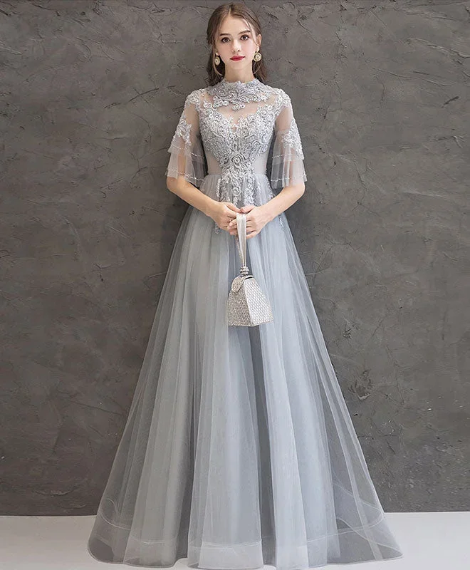 Gray Lace Tulle Long Prom Dress Gray Tulle Lace Formal Dress