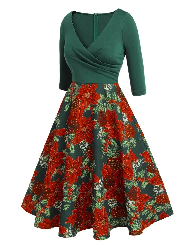 green-1950s-v-neck-floral-patchwork-dress