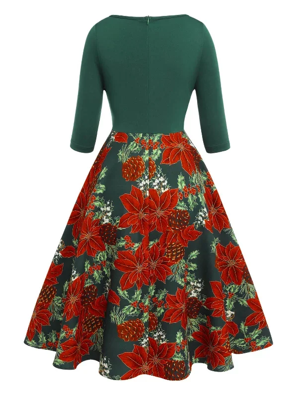 green-1950s-v-neck-floral-patchwork-dress