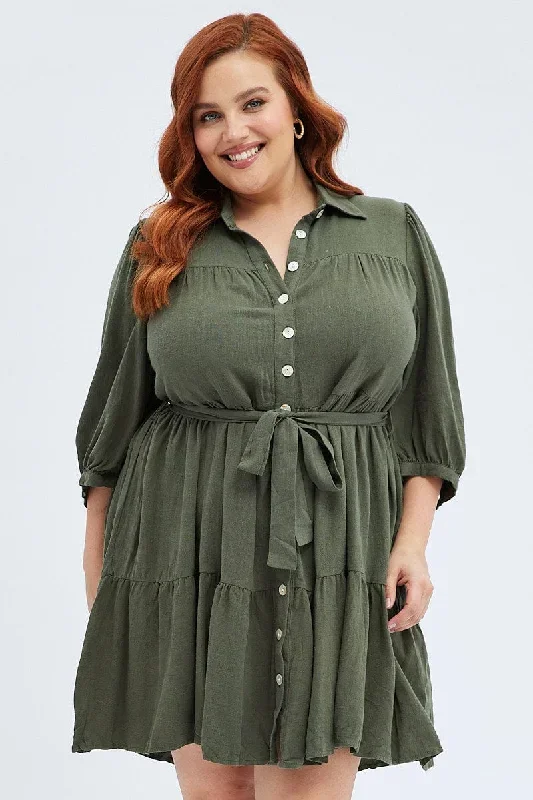 Green Belted Shirtdress Mini Length Linen Blend