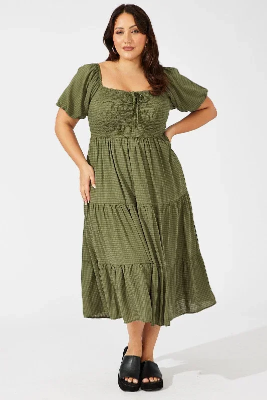 Green Midi Dress Short Sleeve Shirred