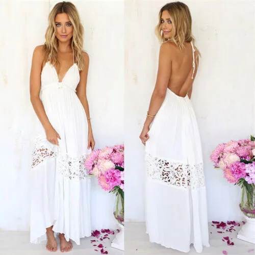 Hot Women Maxi Dress Halter Backless Sleeveless Floral Solid Sexy Lady Club Evening Party Summer Lace Crochet Casual Beach White