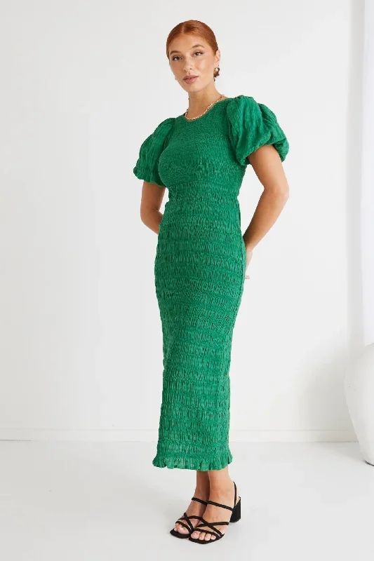 Jade Green Shirred Cotton Puff Sleeve Ruched Midi Dress