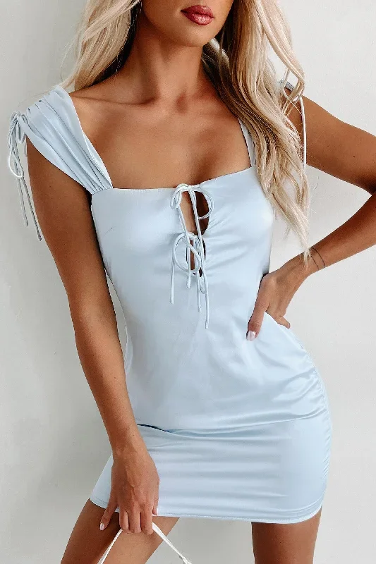 Josie Double-Tie Satin Mini Dress (Sky Blue)