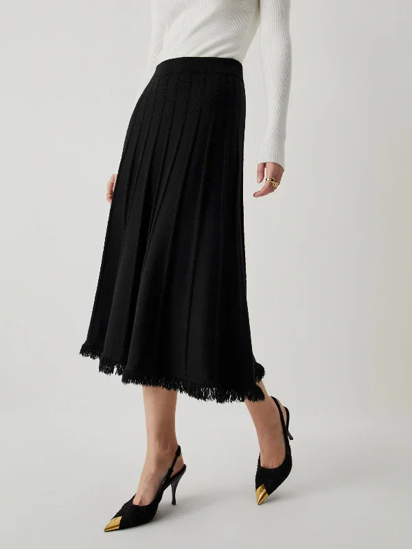 Knit Pleated Piping Tassel Midi Skirt