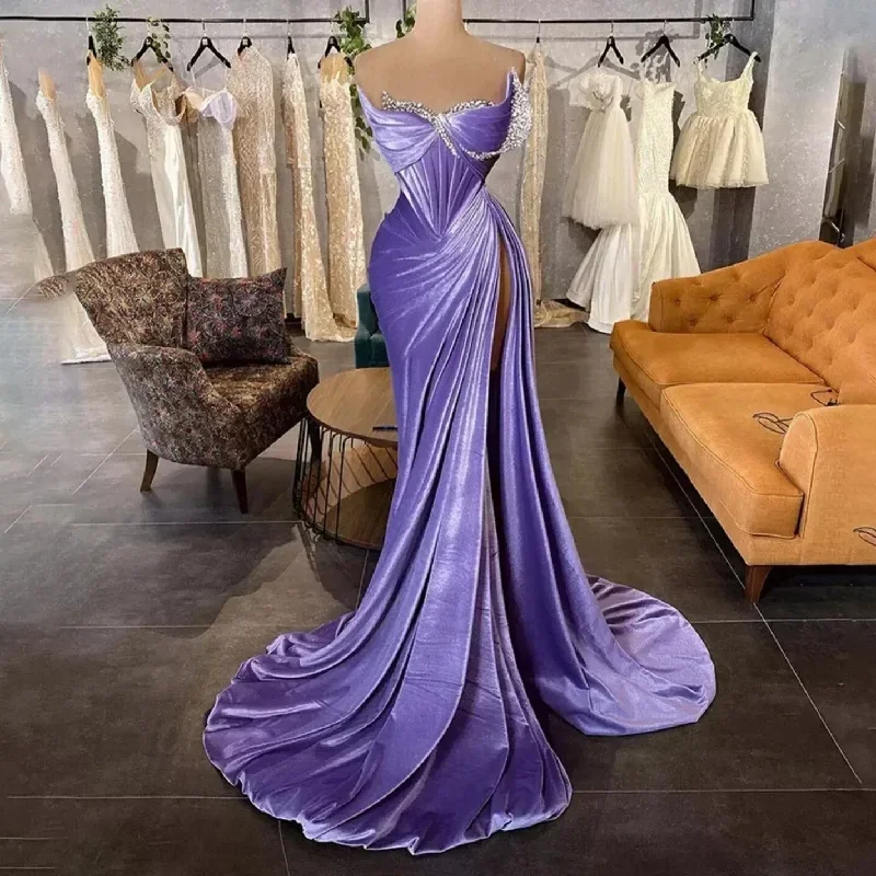 Lavender Elegant Velvet Prom Dresses Dubai Arabic Mermaid Women Party Gowns Pleated High Split Sexy Formal Evening Gowns 2024