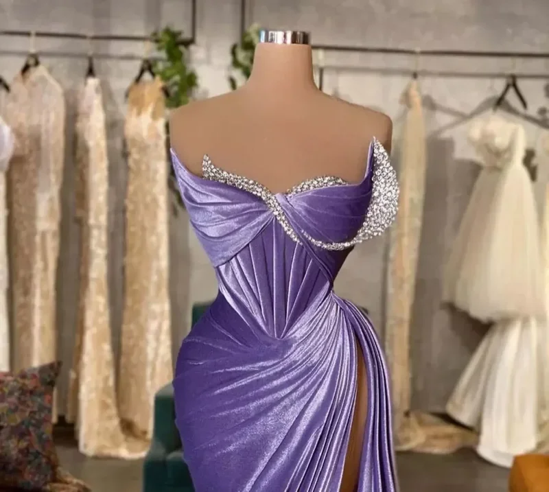 lavender-elegant-velvet-prom-dresses-dubai-arabic-mermaid-women-party-gowns-pleated-high-split-sexy-formal-evening-gowns-2024