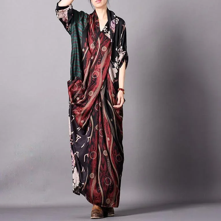 Loose red print silk dresses Indian Catwalk v neck pockets Robe spring Dresses