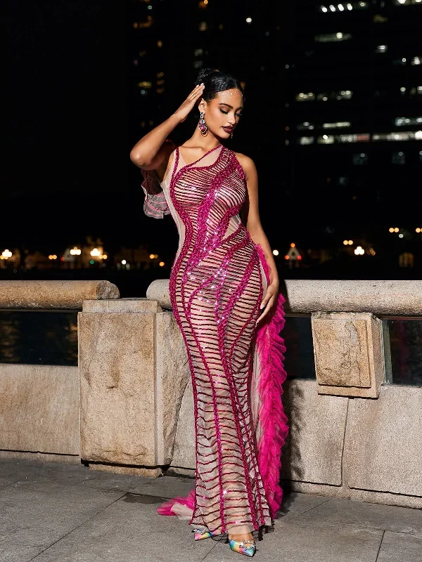 lyda-draped-cutout-sequin-mesh-dress-in-hot-pink