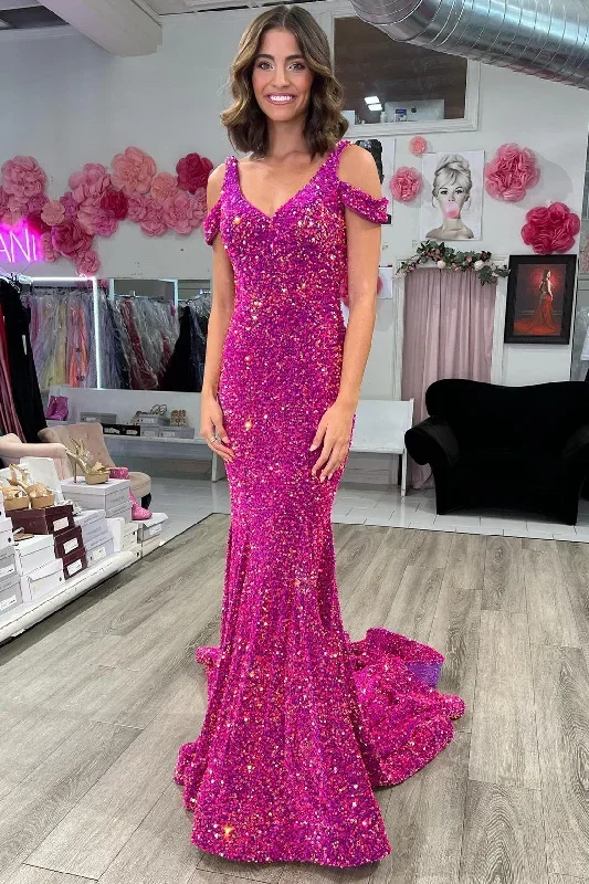 Magenta Sequin Cold-Shoulder Trumpet Long Gown