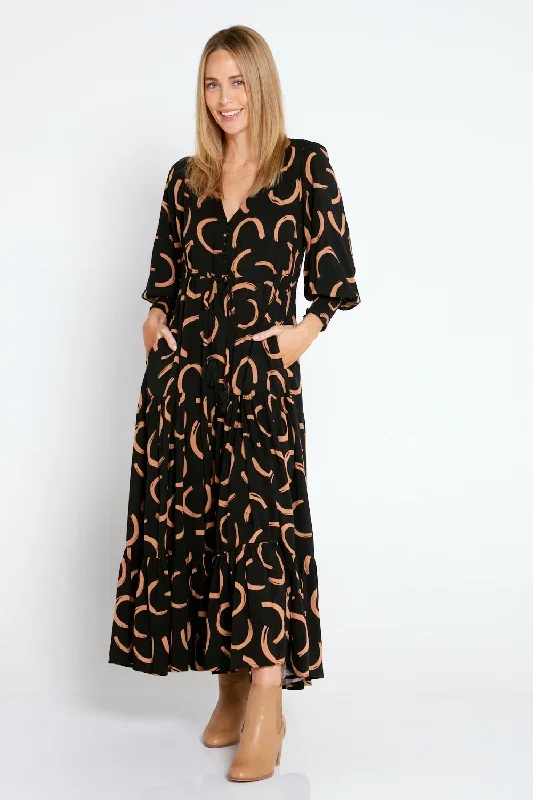 Makena Long Sleeve Maxi Dress - Black/Brown