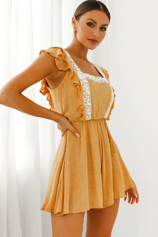 Meet Again Crochet Lace Trim Tie-Up Back Romper Mustard