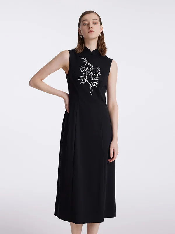 New-Chinese Style Embroidered Women Qipao Midi Dress