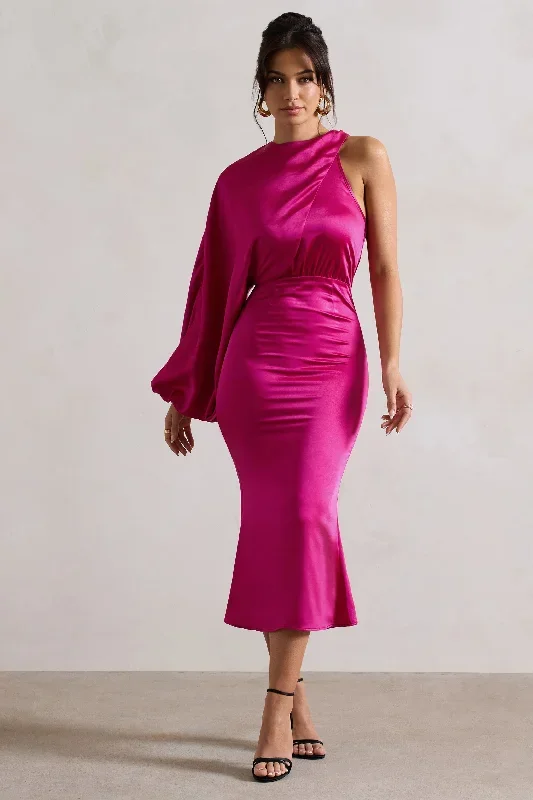 Nola | Dark Pink Satin One-Sleeve Midi Dress