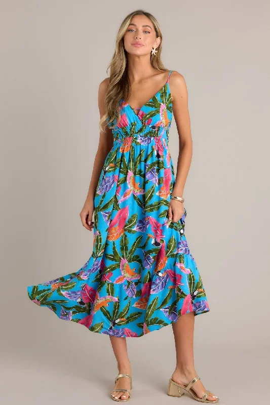 Oceanic Paradise Blue Tropical Print Midi Dress