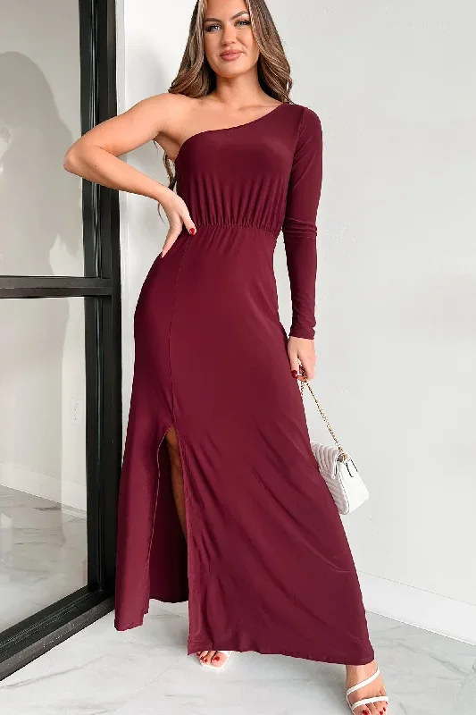 Only If It's About Me One Shoulder Maxi Dress (Burgundy)