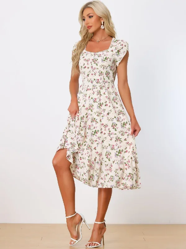 Summer Petal Sleeve Boho Floral Print Midi Dress