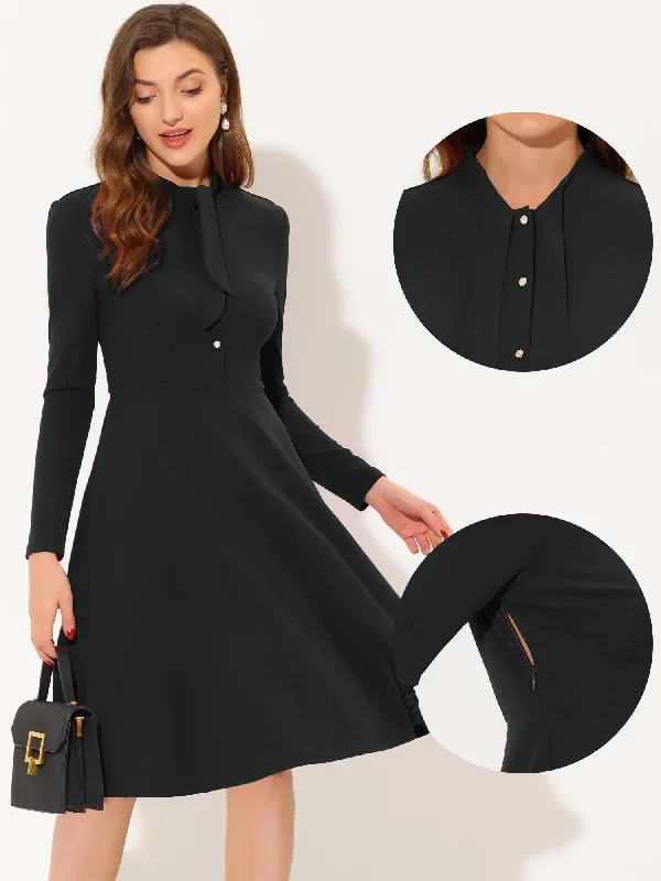 Tie Neck Knit Long Sleeve Midi Solid Work Sheath Dress