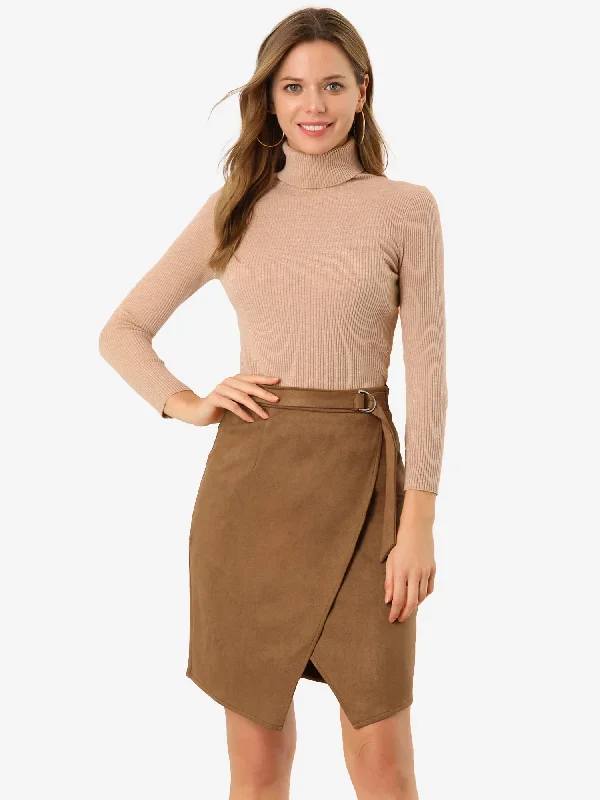 A-Line Knee Length Front Slit Wrap Faux Suede Skirt