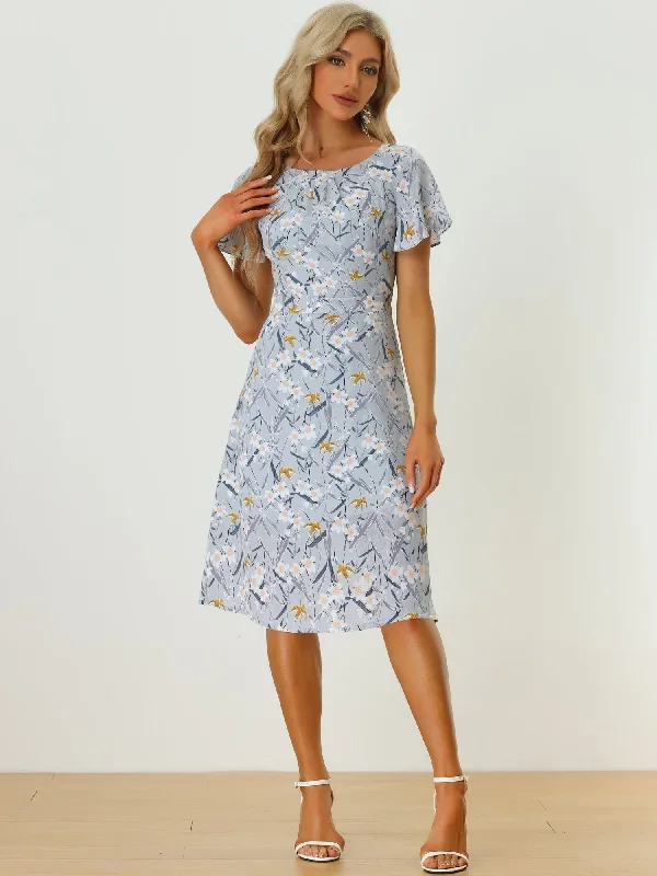 Floral Casual Pleated Neckline Below Knee Flutter Sleeve Dress