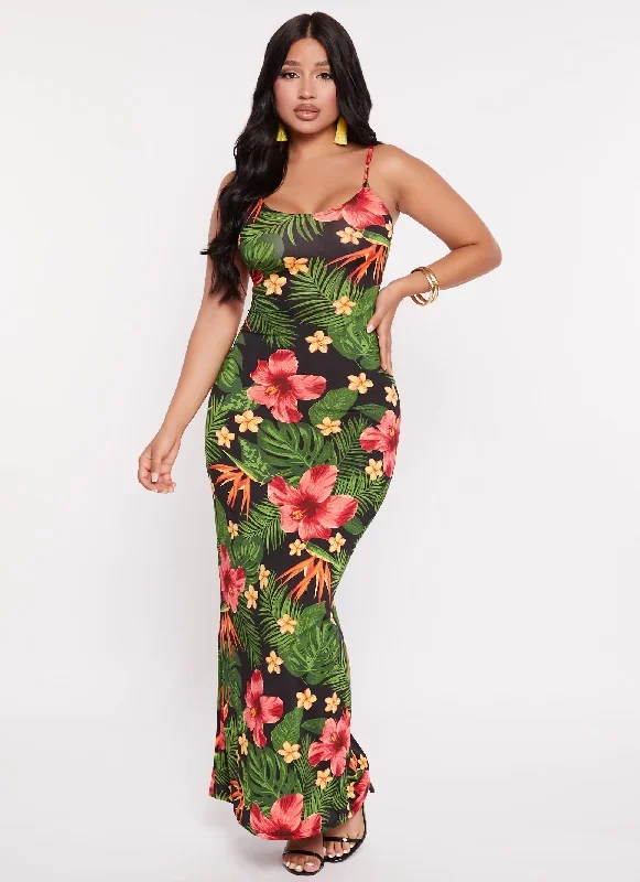 Tropical Floral Print Scoop Neck Cami Maxi Dress