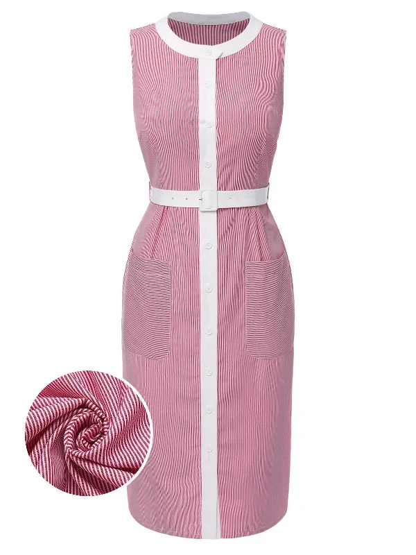 [Pre-Sale] Pink 1960s Round Neck Stripes Belted Sleeveless Dress