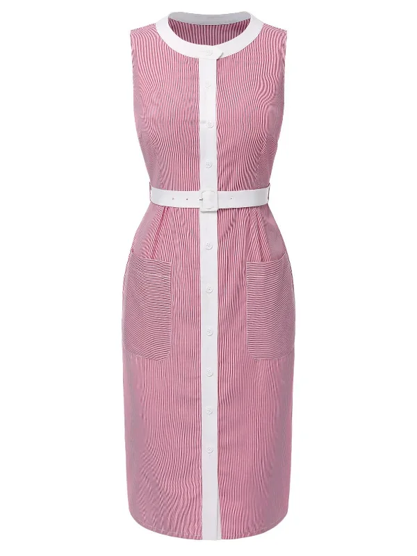 pink-1960s-round-neck-stripes-belted-sleeveless-dress