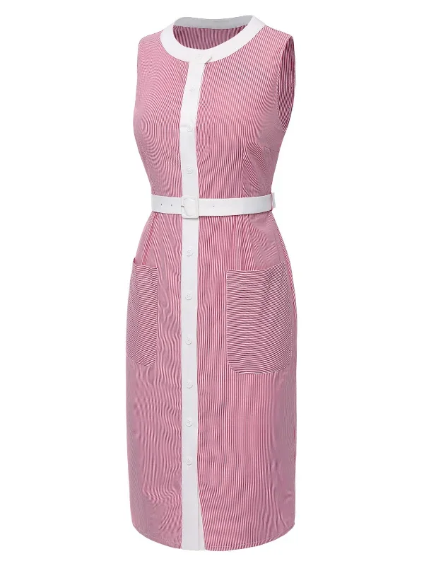 pink-1960s-round-neck-stripes-belted-sleeveless-dress