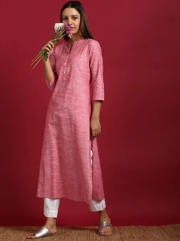 Pink Cotton Flex Woven Design Straight Kurta