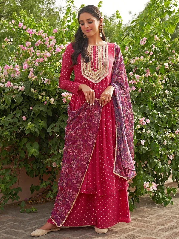 Pink Georgette Foil Motif Printed Kurta with Palazzo and Dupatta