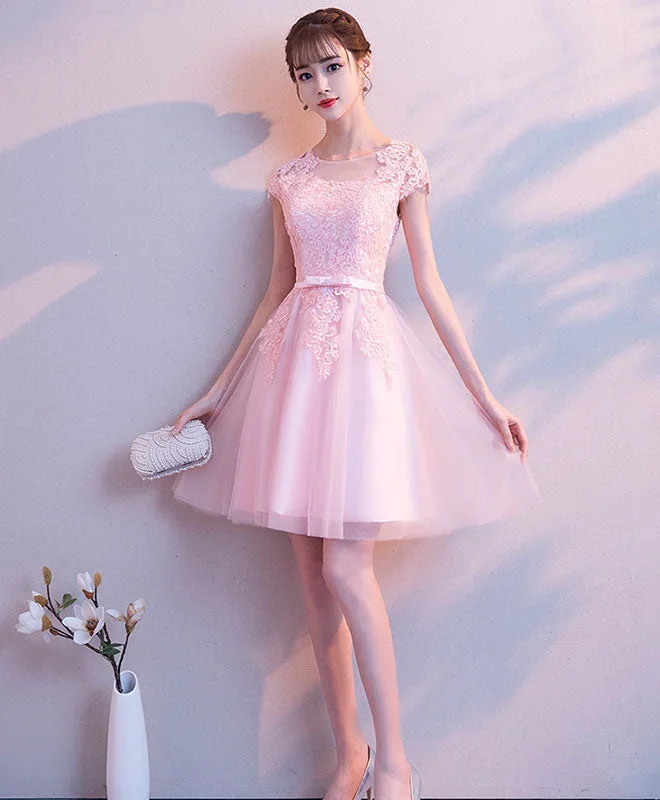 Pink Round Neck Tulle Lace Short Prom Dress Pink Homecoming Dress