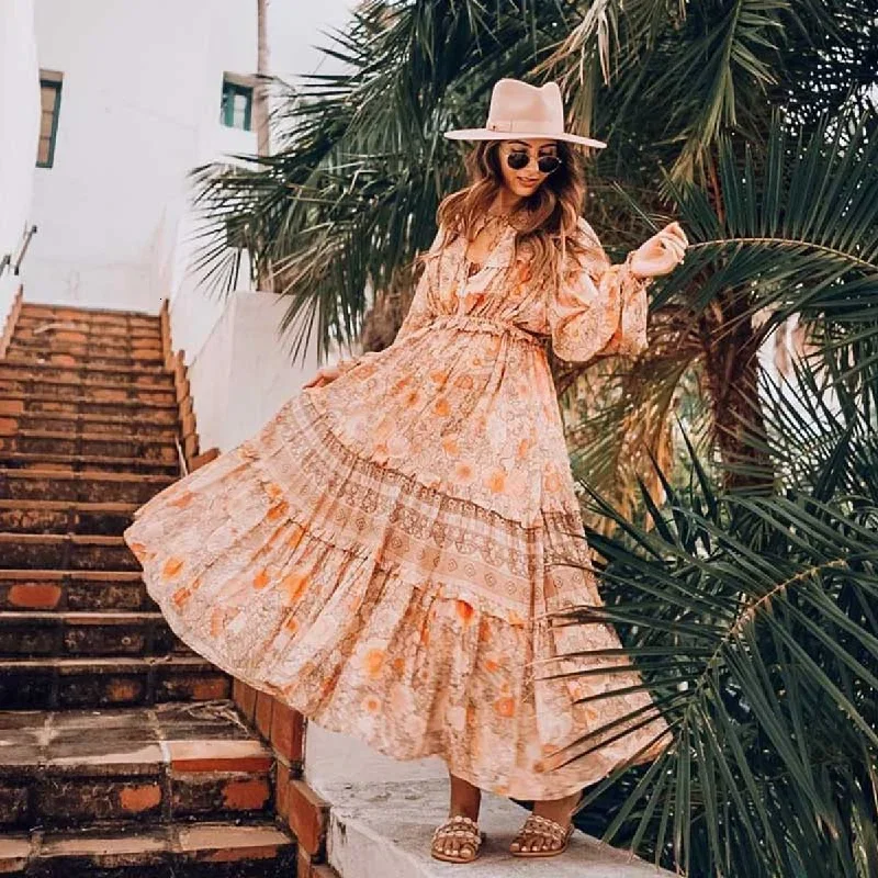 JuliaFashion-Pinkish Orange Loose Long Sleeve Bohemian Dress