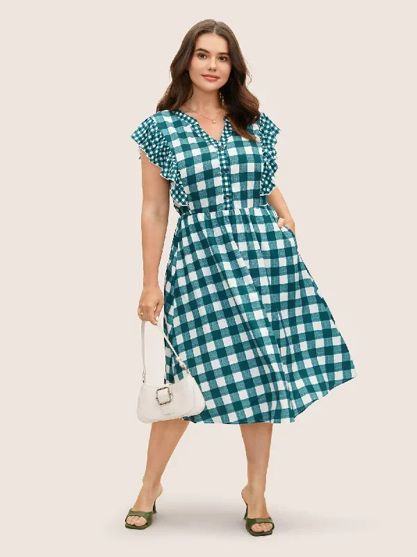 Plaid Notched Ruffle Cap Sleeve Midi Dress