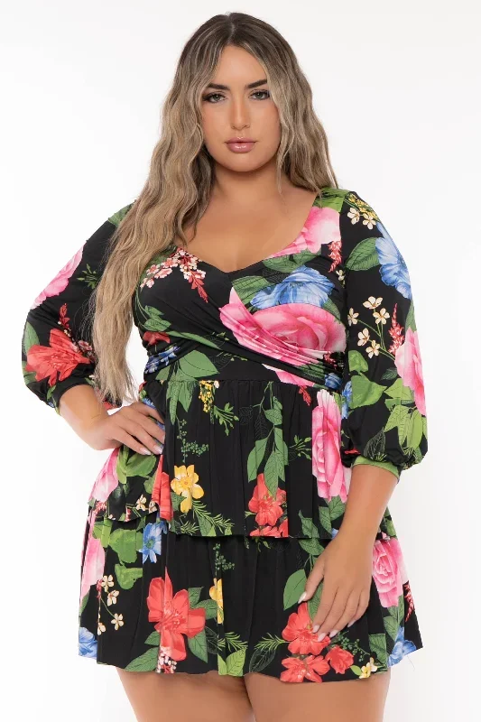 Plus Size Maggie Cross Wrap Floral  Mini Dress- Black