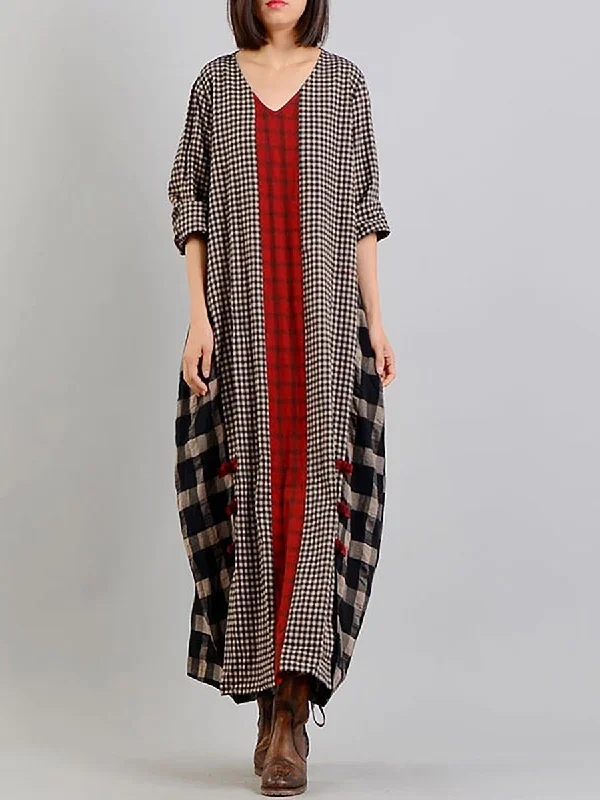 Plus Size Plaid V Neck Retro Cotton Linen Dress