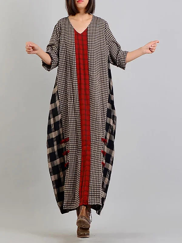 plus-size-plaid-v-neck-retro-cotton-linen-dress