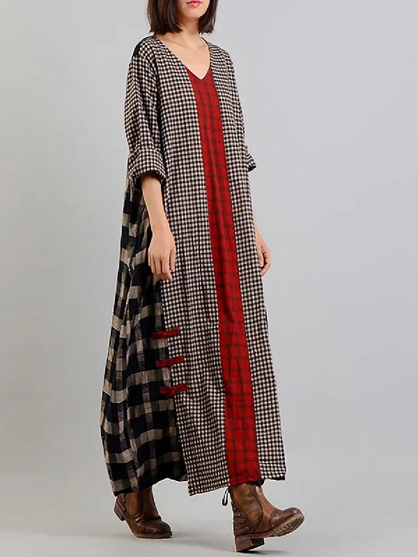 plus-size-plaid-v-neck-retro-cotton-linen-dress