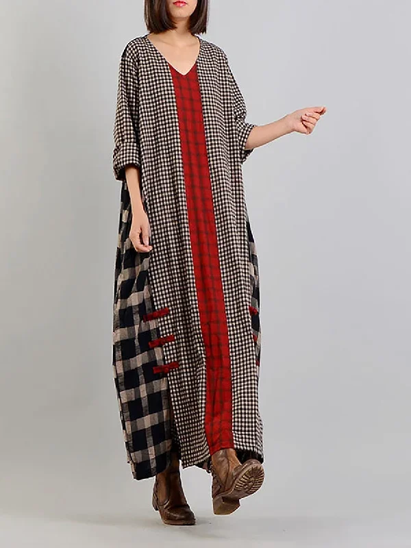 plus-size-plaid-v-neck-retro-cotton-linen-dress