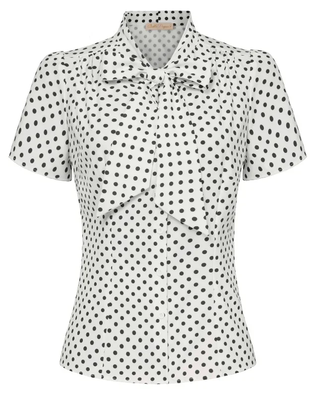 Polka Dot Patterns Short Sleeve Bow-Knot Decorated Shirt