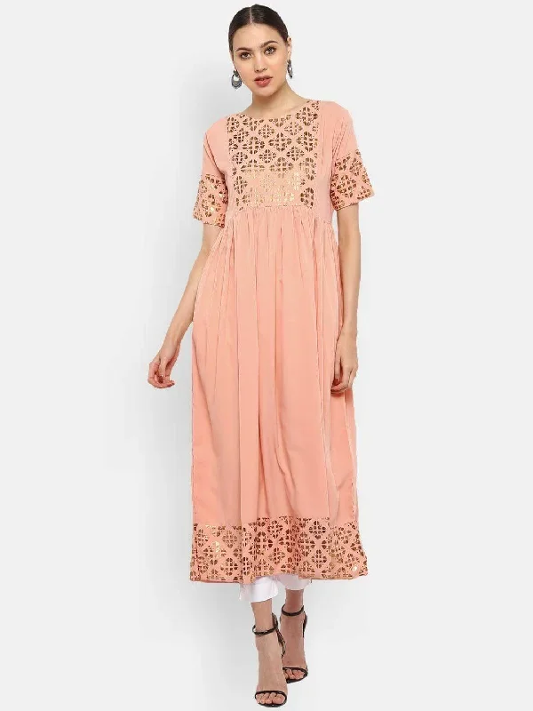 Peach Poly Crepe Gold Print Flared Kurta