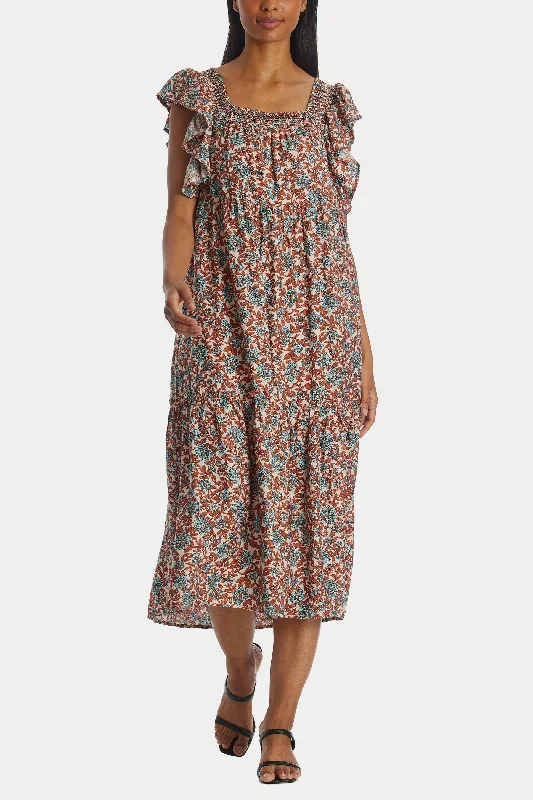 Printed Square Neck Flutter Sleeve Midi Dress