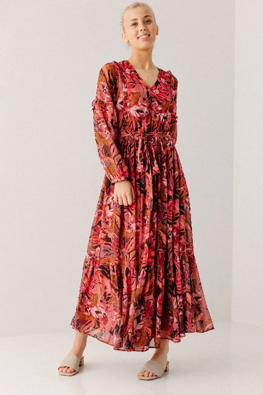 'Priya' Large Multi Floral Chiffon Maxi Dress in Deep Rose FINAL SALE