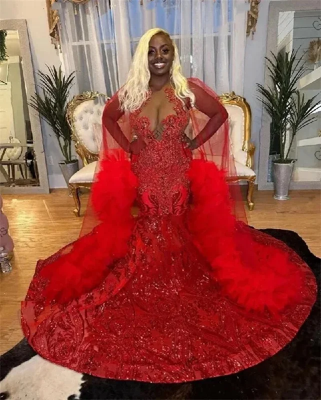 Red Halter Long Prom Dress For Black Girls 2024 Beaded Rhinestone Birthday Party Dresses Sequined Ruffles Evening Gown With Cape