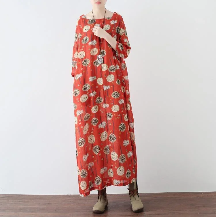 Red Prints Vintage Chiffon Dresses Oversize Casual Bracelet Sleeve Maxi Dress 2022 Trend Gown  ( Limited Stock)