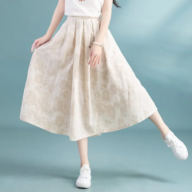 Retro A-Line Cotton Linen Figured Skirt